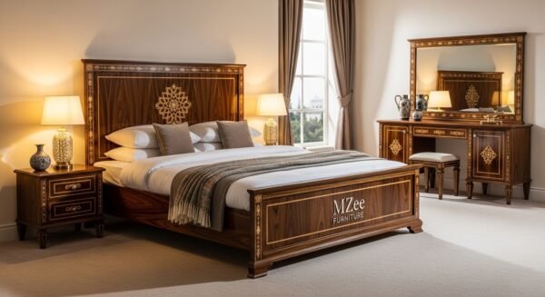 Modern handcrafted Sheesham wood bed set - Chinioti furniture style