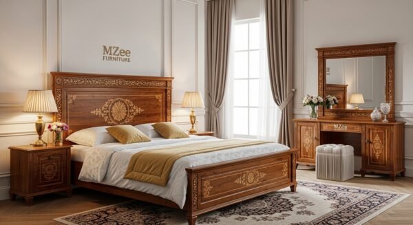 Modern handcrafted Sheesham wood bed set - Chinioti furniture style