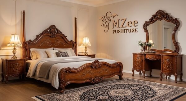 MZee Bed set - Sheesham wood bed set with carved headboard