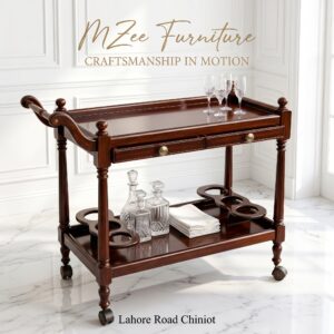 MZee handmade wooden tea trolley T001 in walnut brown Sheesham wood